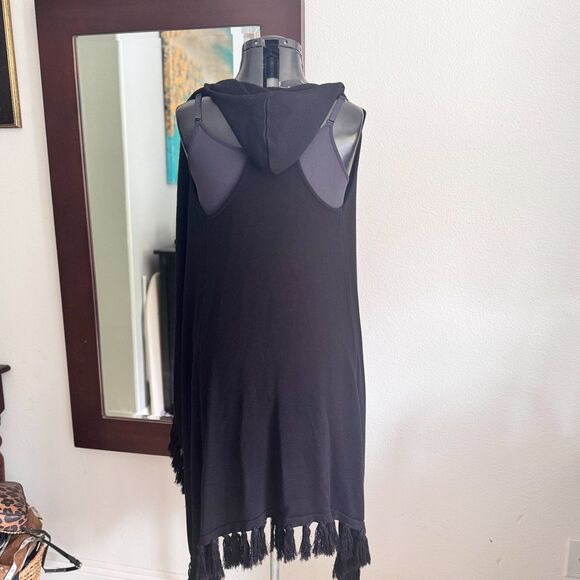 TASI Malibu Hooded Cardigan Black Boho Festival Open Front Sleeveless Duster M - Picture 3 of 9